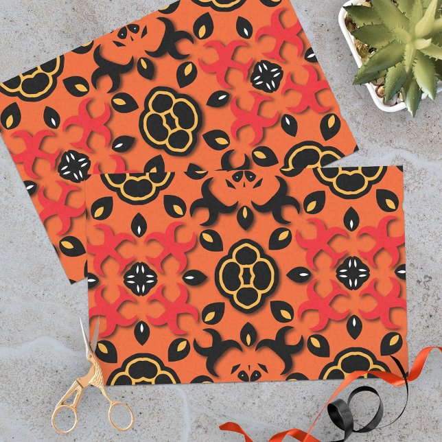 Papel De Seda Mosaico Laranja Vermelho Negro Étnico Árabe Boho (Criador carregado)