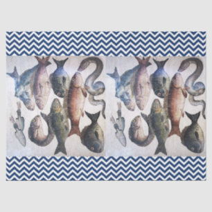 PAPEL DE SEDA MOSAICOS ROMANOS ANTIGOS, PEIXES, CENA DA VIDA