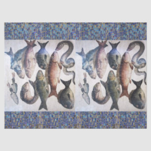 PAPEL DE SEDA MOSAÍDOS ROMANOS ANTIGOS, PESCAS, CENA, CENA DE V
