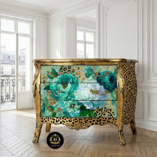 Papel De Seda Móveis Decoupage com Onça Floral Turquesa