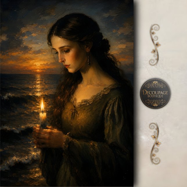 Papel De Seda Mulher à Luz de Vela no Mar Decoupage (Woman by Candlelight at Sea Decoupage Tissue Paper)