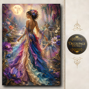 Papel De Seda Mulher ao Luar em Jardim Floral com Vestido de Rem