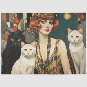 Papel De Seda Mulher Bonito Vintage com Gatos Pretos e Brancos