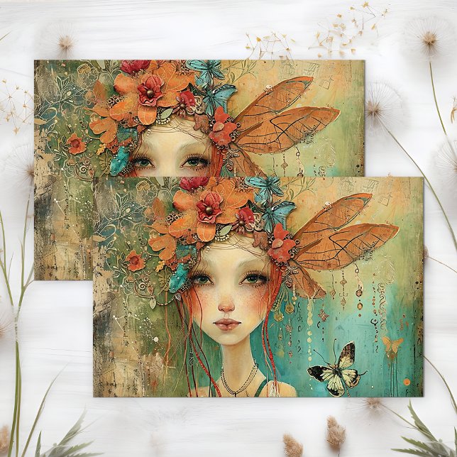 PAPEL DE SEDA MULHER BORBOLETA EXCÊNTRICA DECOUPAGE (QUIRKY BUTTERFLY FAIRY GIRL DECOUPAGE TISSUE PAPER)