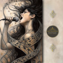 Mulher Cantando Envolta em Decoupage de Notas Musi