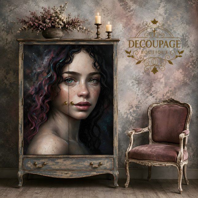Papel De Seda Mulher Celestial Com Decoupage de Cabelo Galáxia (Celestial Woman With Galaxy Hair Decoupage Tissue Paper)