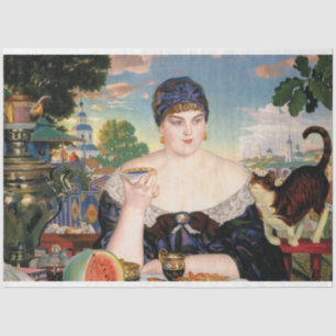 Papel De Seda Mulher comendo melancia com pintura de gatos