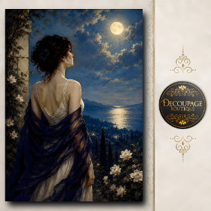 Papel De Seda Mulher Contemplando a Lua Cheia Sobre o Oceano