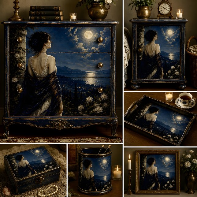 Papel De Seda Mulher Contemplando a Lua Cheia Sobre o Oceano (Woman Gazing At Full Moon Over Ocean Tissue Paper)