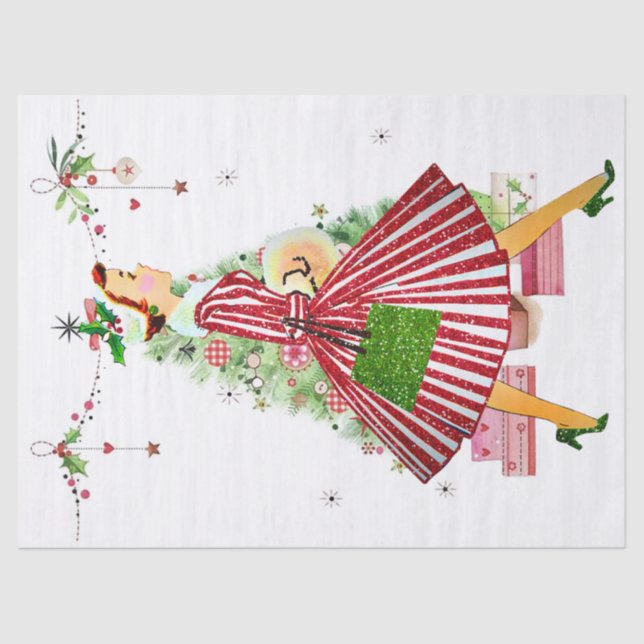 Papel De Seda Mulher de Natal de 1950 com Árvore de Natal (Frente )