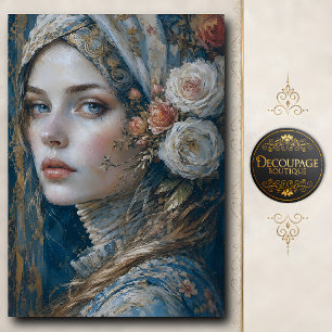 Papel De Seda Mulher de Olhos Azuis com Rosas Retrato Pintura