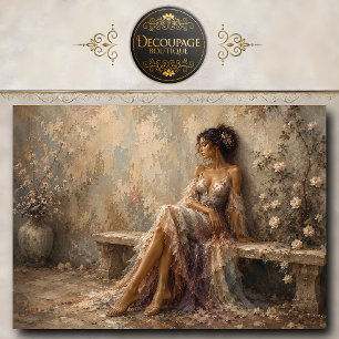 Papel De Seda Mulher Elegante Sentada em Banco de Jardim com Ros