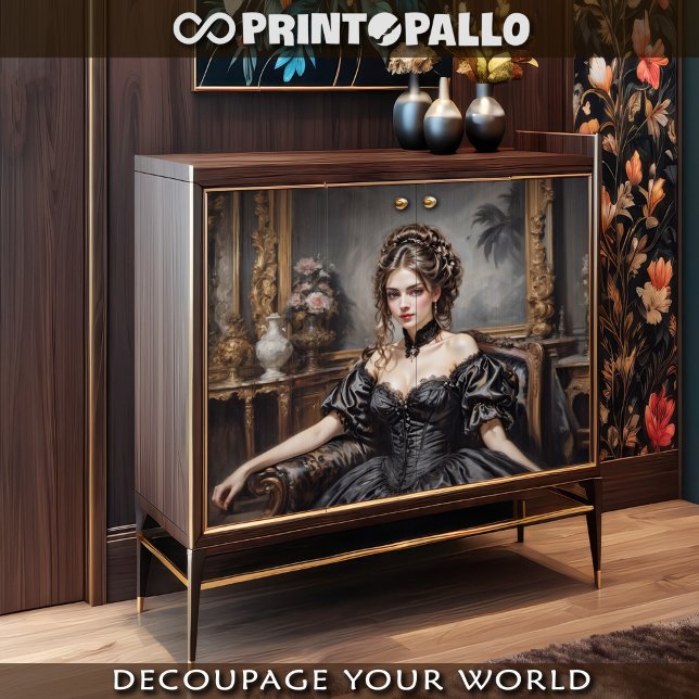 Papel De Seda Mulher elegante vitoriana de vestido preto num sof (Criador carregado)