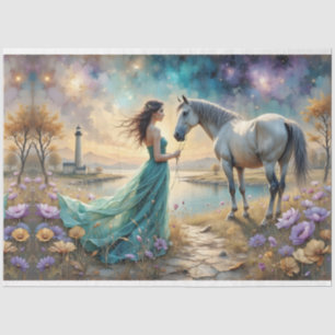Papel De Seda Mulher em vestido azul na praia com cavalo, farol.