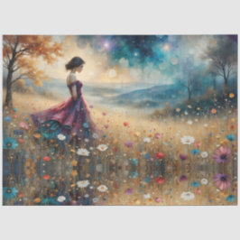 Papel De Seda Mulher em vestido colorido em colina de flores