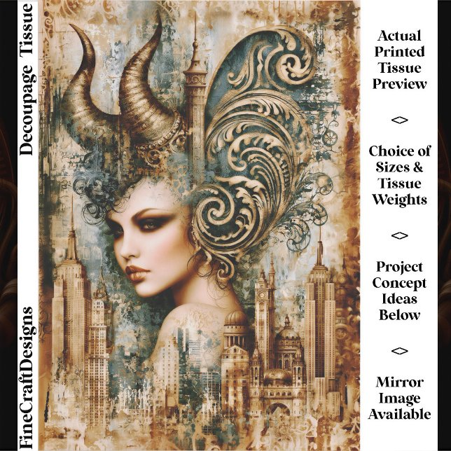 Papel De Seda Mulher Fantástica com Chifres, Decoupage Dark Acad (Criador carregado)