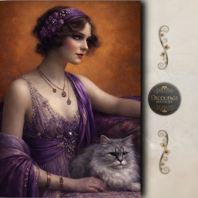 Papel De Seda Mulher Gato Glam Rouxo Decoupagem (Purple Glam Woman Cat Decoupage Tissue Paper)