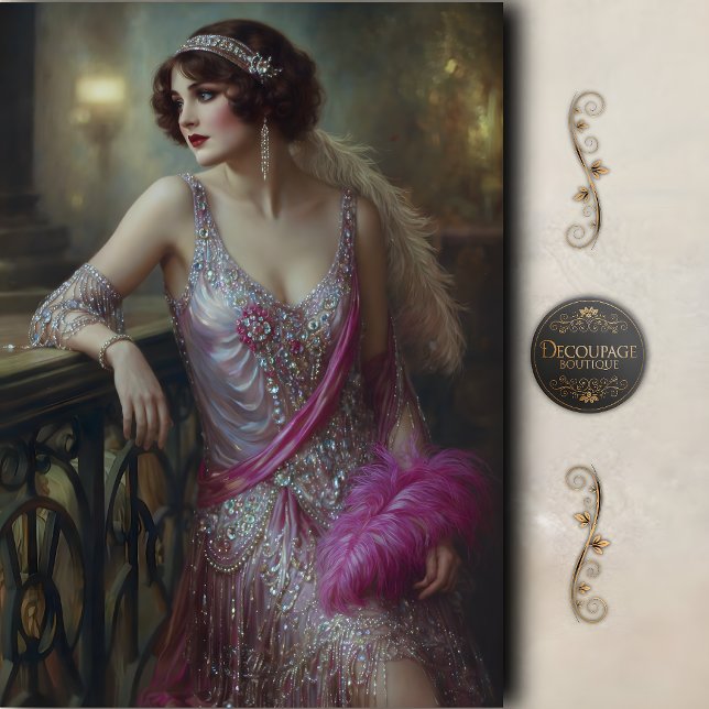 Papel De Seda Mulher Glamour Pink Flapper Decoupage (Pink Flapper Glam Woman Decoupage Tissue Paper)