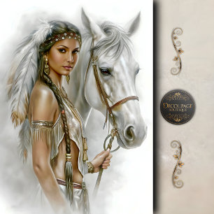 Papel De Seda Mulher Indígena & Cavalo Branco Decoupagem