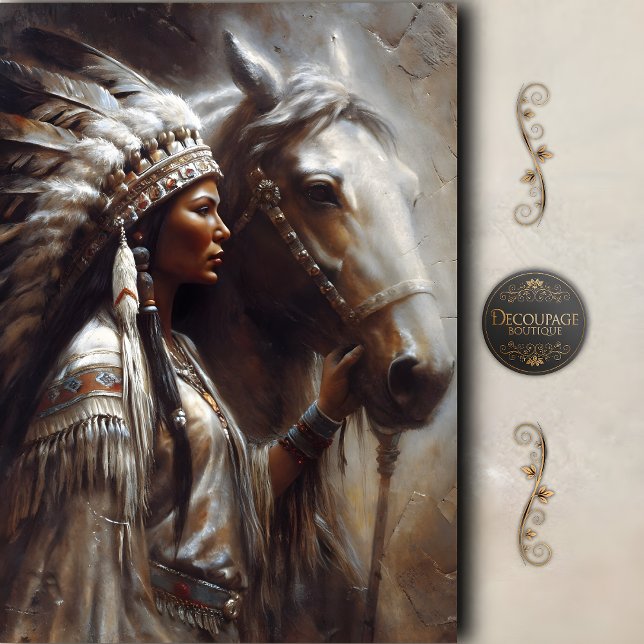 Papel De Seda Mulher Indígena & Headdress de Cavalo Branco Decou (Native Woman & White Horse Headdress Decoupage Tissue Paper)