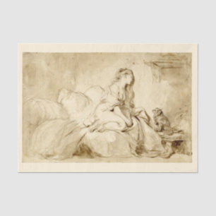 Papel De Seda Mulher na cama com seu Dog Chalk Painting 1770s