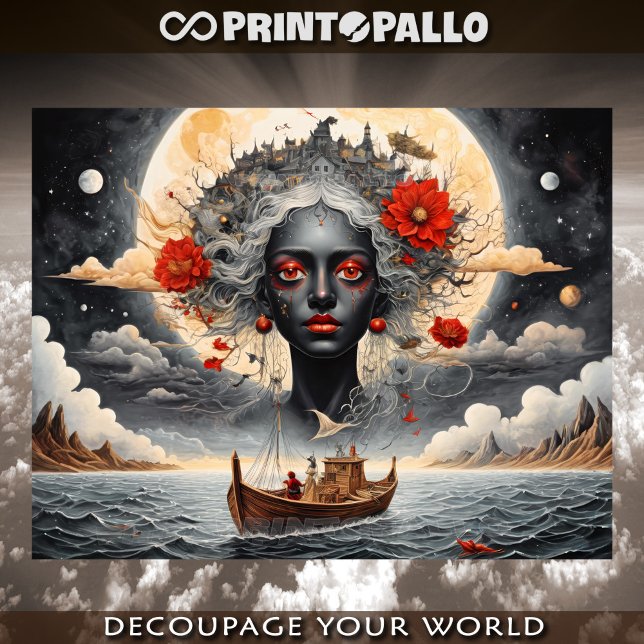 Papel De Seda Mulher negra surreal sonhando com o mar e a lua (Criador carregado)