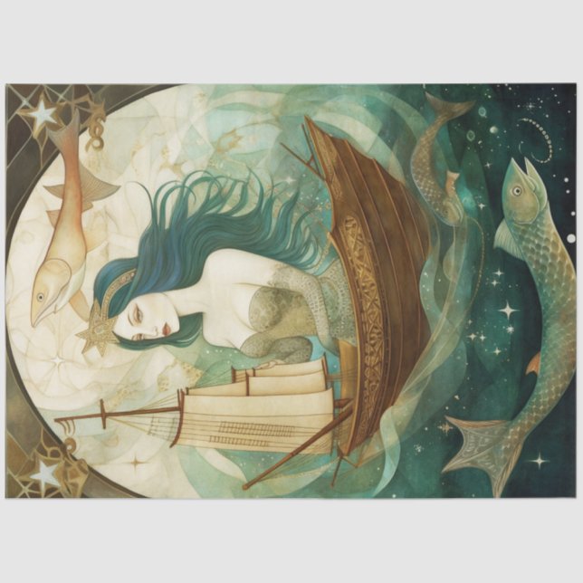 Papel De Seda Mulher Primitiva Russa Com Decoupage De Peixe (Frente )