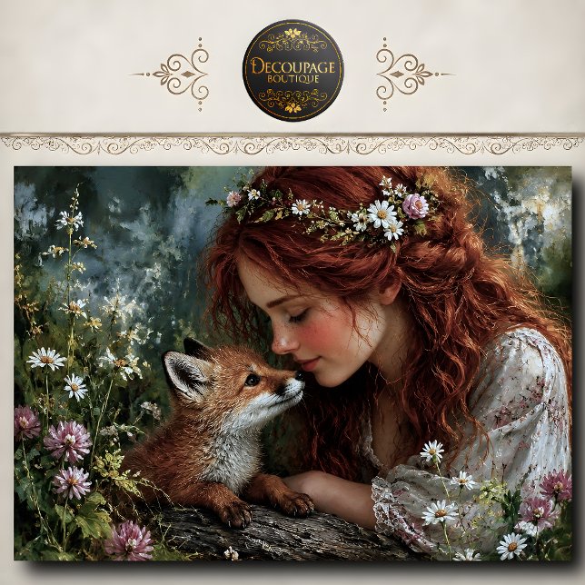 Papel De Seda Mulher Ruiva Raposa Flores Silvestres Decoupage (Redhead Woman Fox Wildflowers Decoupage Tissue Paper)