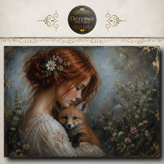 Papel De Seda Mulher Ruiva Raposa Margaridas Decoupage