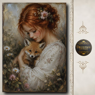 Papel De Seda Mulher Ruiva Raposa Peônia Decoupage