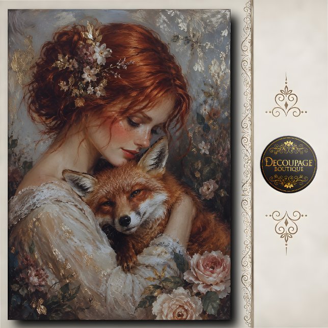 Papel De Seda Mulher Ruiva Raposa Rosas Decoupage (Redhead Woman Fox Roses Decoupage Tissue Paper)