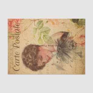 Papel De Seda Mulher-Vintage com Gato Gato Floral Francês