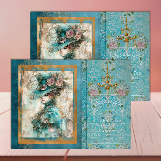 Papel De Seda Mulher Vitoriana em Decoupage Teal Vibrante