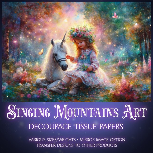 Papel De Seda Mystical Unicorn and Girl In Forest Decoupage  (Criador carregado)