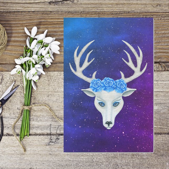 Papel De Seda Mystical White Deer Head Blue Rosa Star Sky (Mystical white deer head antlers wearing blue roses in night blue purple sky stars on tissue paper.)