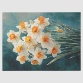 Papel De Seda Narcisos em Aquarela com Fundo Azul-turquesa em De
