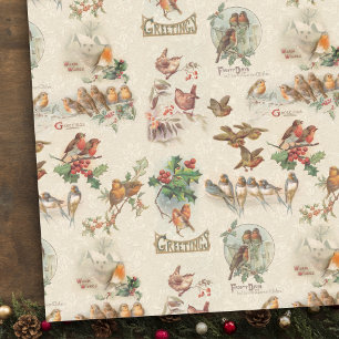 Papel De Seda Natais vintages encantadores Aves e Holly