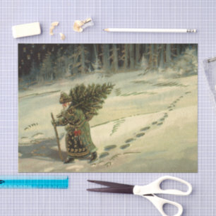 Papel De Seda Natais vintages, Papai Noel Carregando uma árvore