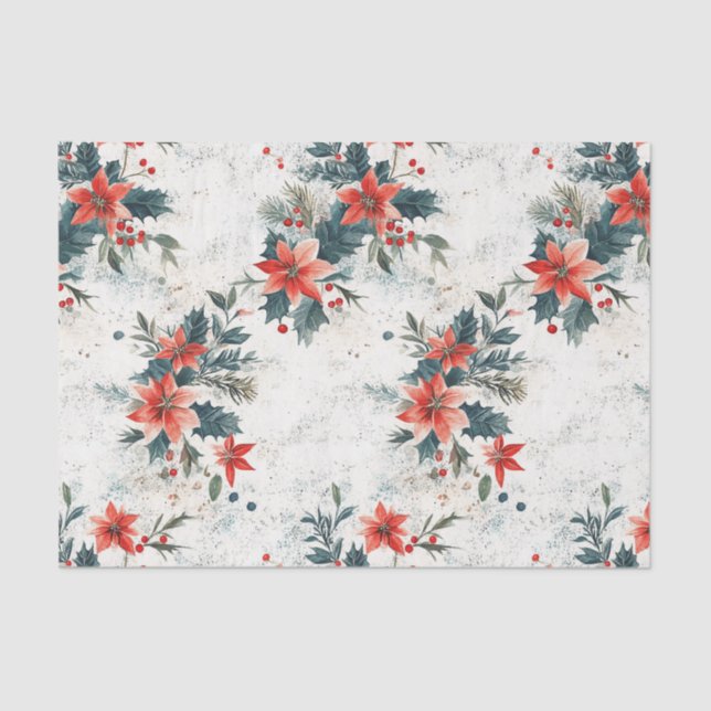 Papel De Seda Natais vintages Poinsettias e Folhagem (Frente )