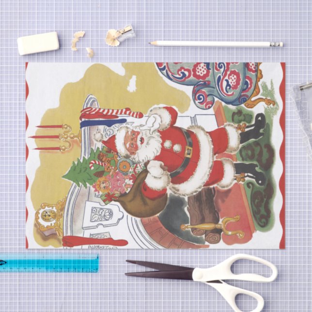 Papel De Seda Natal Antigo, Alegre Papai Noel com Presentes (Arte )