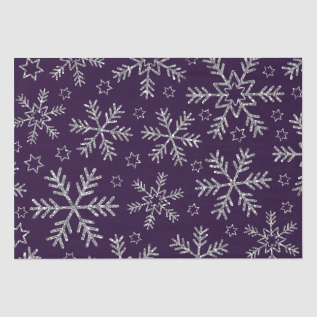 Papel De Seda Natal Elegante com Flocos de Neve Roxos e Prateado (Frente )