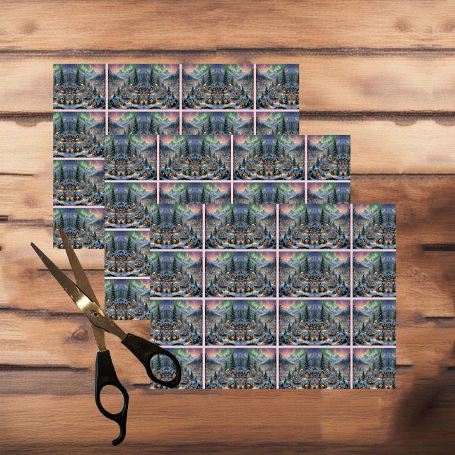 Papel De Seda Natal numa aldeia montanhosa, luzes polares (Criador carregado)