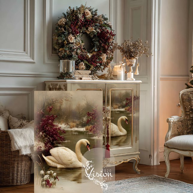 Papel de Seda Natal Paisagem de Inverno com Cisne (Swan winter landscape print displayed against cream cabinet showing full design with burgundy flora)