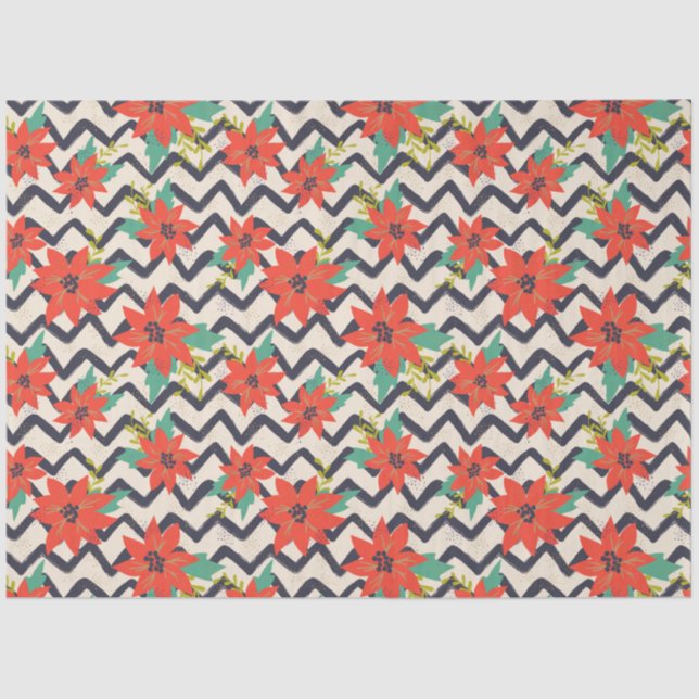 Papel De Seda Natal Red Poinsettia Black & White Chevron (Frente )