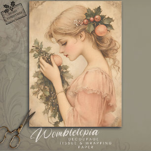 Papel De Seda Natal vintage Rapariga com Holly e Ornaments