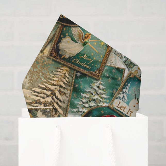Papel De Seda Natal Vintage Retro: Colagem Verde (Sacola de presentes)