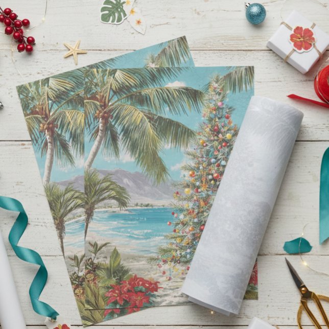 Papel De Seda Natal Vintage Tropical Praia Palmeira (Criador carregado)