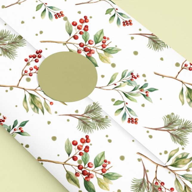 Papel De Seda Natal Watercolor Greenery Red Holly (Christmas holiday red holly and greenery tissue paper)