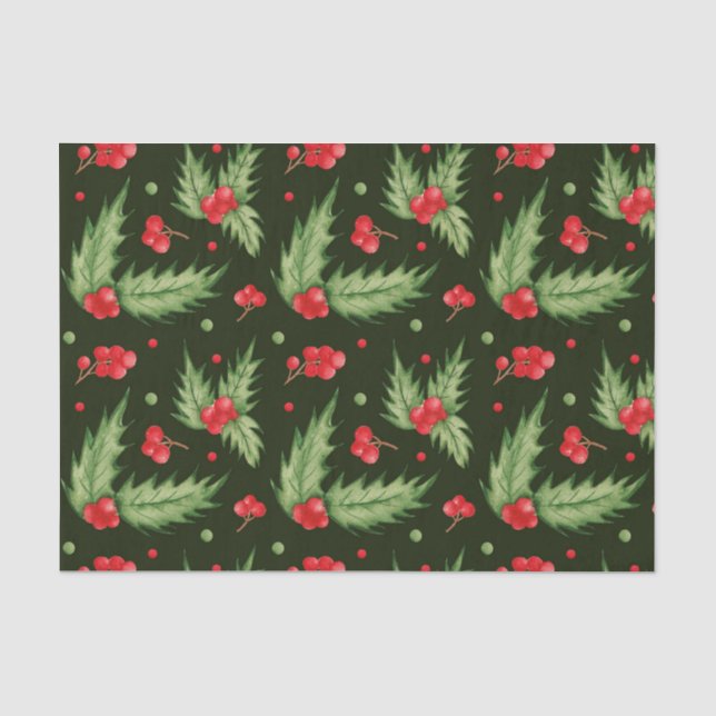 Papel De Seda Natal Watercolor Holly Berry com Folhas (Frente )
