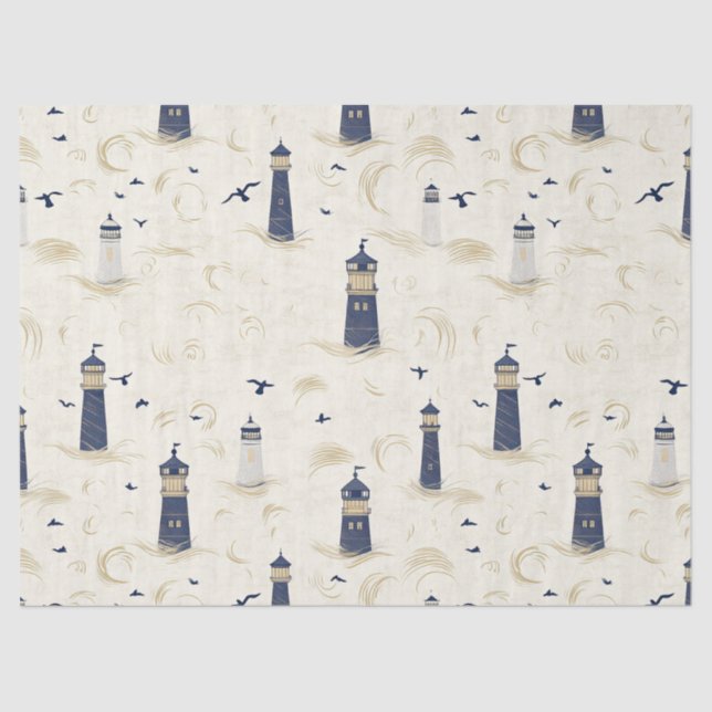 Papel De Seda Nautical Lighthouse Coastal Blue Pattern (2) (Frente )